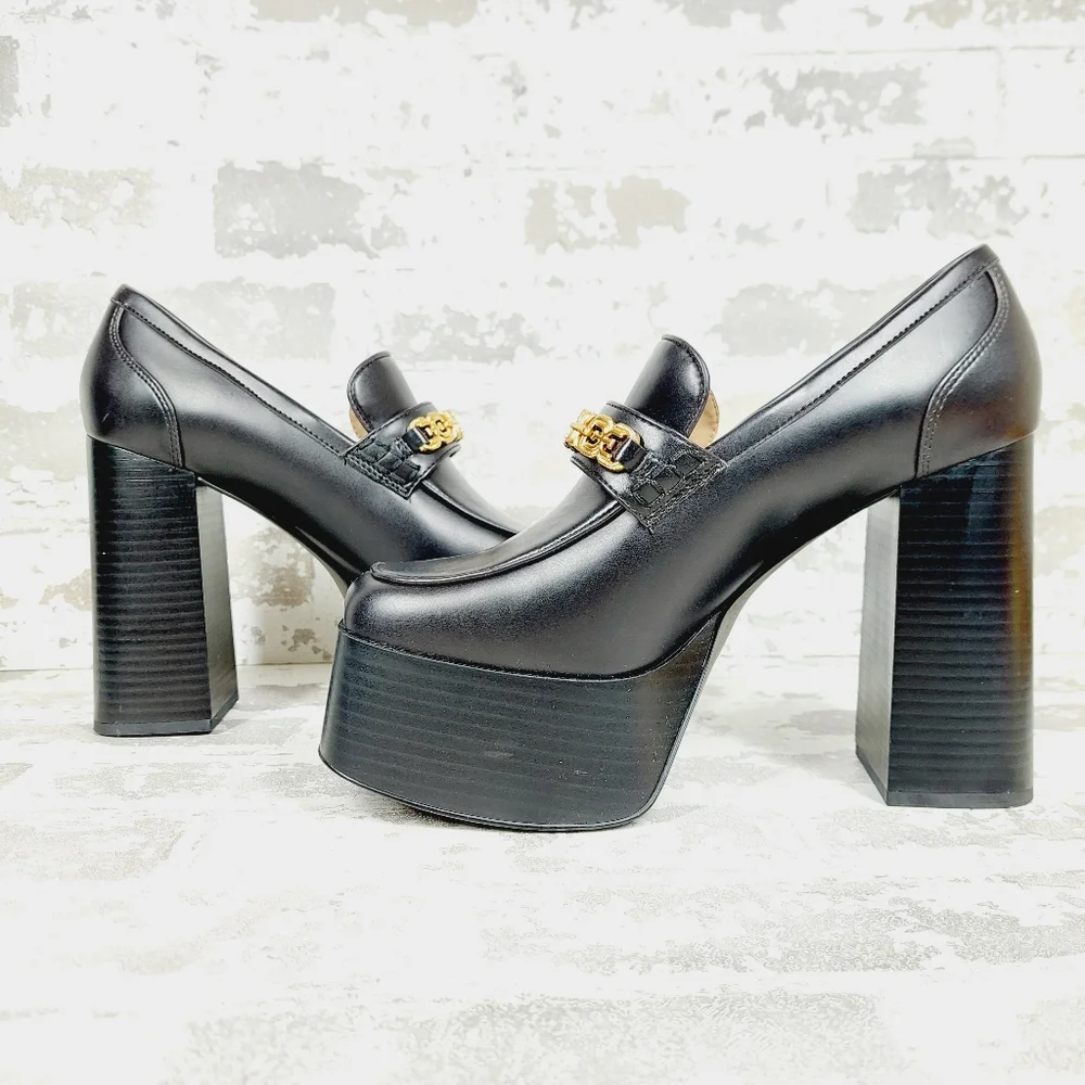 New SAM EDELMAN Rowe Platform Black Faux Leather Heeled Loafers i 622 - Picture 5 of 13